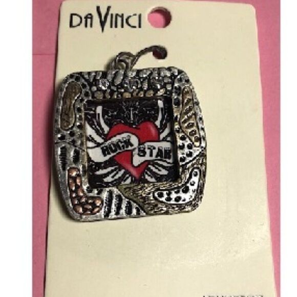 ✨Rock Star-&- PEACE ☮  ✌ 2 sided Pendant Silver-tone Statement,by DaVinci NEW ✨ - Picture 2 of 3